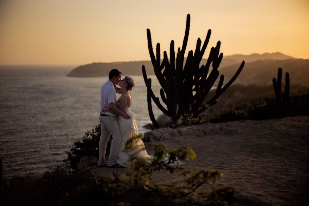 Two souls in wedding bliss embrace atop a sunlit cliff, kissed by golden light and ocean breeze, love grounded by a grand cactus.